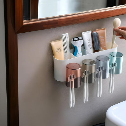 Plastic Toothbrush Holder Wall Mounted – 8 Holders with Storage Rack