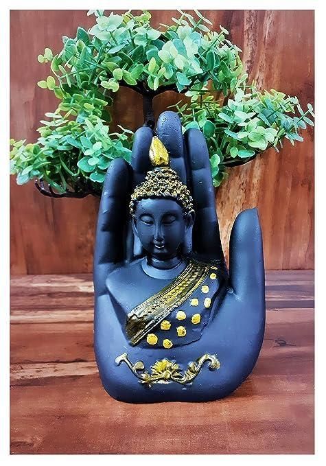 Handcrafted Meditating Palm Buddha Idol – Black & Golden