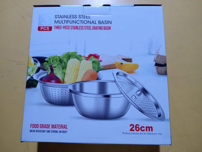 3-in-1 Multifunctional Grater Basin – Stainless Steel Colanders Set