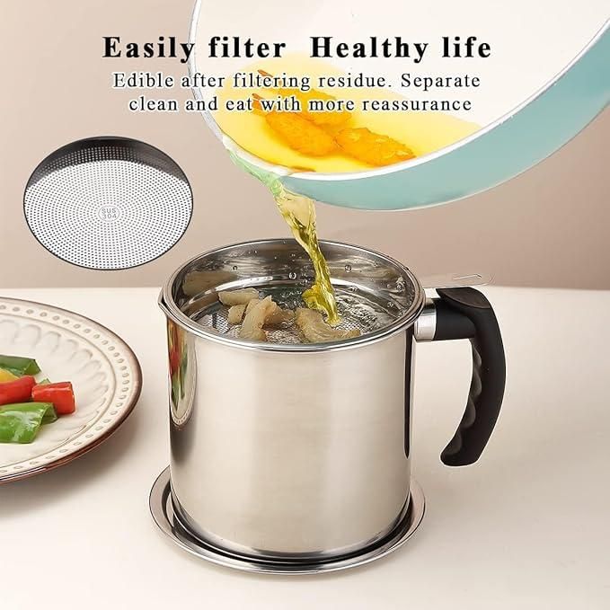 Stainless Steel Oil Pot with Filter & Lid – Pack of 1