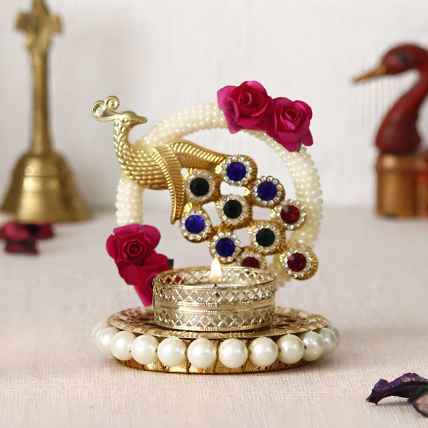 Metal Peacock with Stones Handcrafted Tea Light Holder
