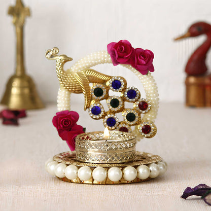 Metal Peacock with Stones Handcrafted Tea Light Holder