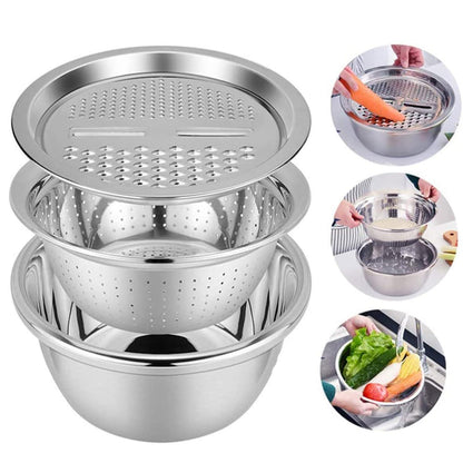 3-in-1 Multifunctional Grater Basin – Stainless Steel Colanders Set