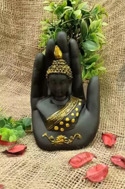 Handcrafted Meditating Palm Buddha Idol – Black & Golden