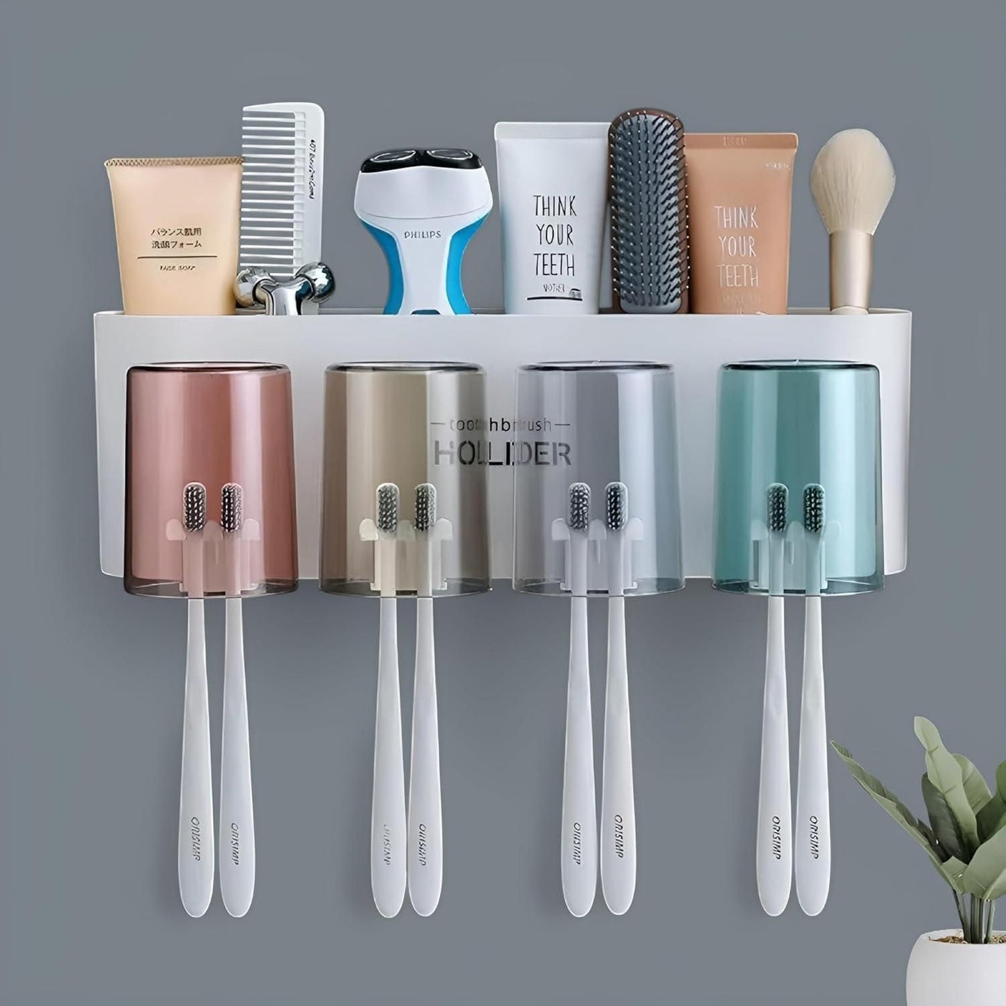 Plastic Toothbrush Holder Wall Mounted – 8 Holders with Storage Rack