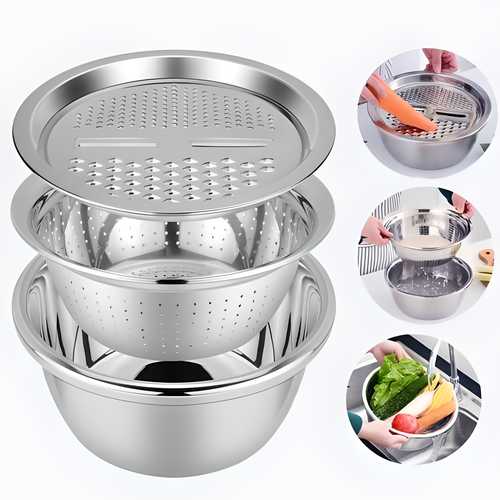 3-in-1 Multifunctional Grater Basin – Stainless Steel Colanders Set
