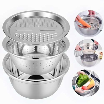 3-in-1 Multifunctional Grater Basin – Stainless Steel Colanders Set