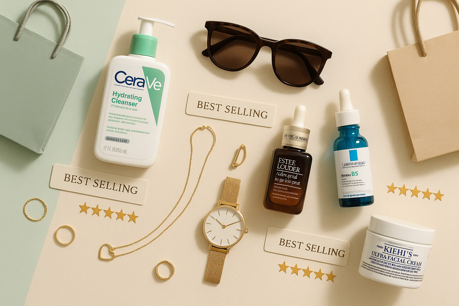 Add a text of best selling on the products also don't include too many shopping bags and make the image realistic  